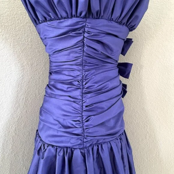 VINTAGE 80s Prom Glam Nili Martin Ruched Bow Strapless Purple Party Dress Sz XS - Picture 11 of 16